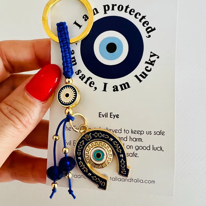Horseshoe Evil Eye Keychain, Blue Nazar Key Ring, Good Luck Bag Charm, Gold Horseshoe Keychain Gift for Women, Turkish Evil Eye Decor
